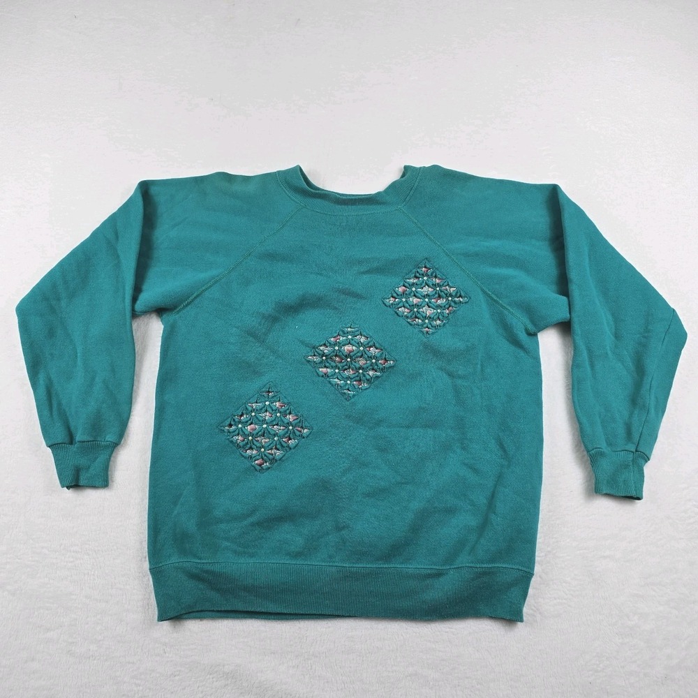 Vintage Hanes Teal Cut Out Quilted Sweatshirt Womens Large USA Made Pullover